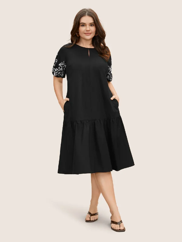 Fast Fashion Favorites Floral Embroidered Keyhole Lantern Sleeve Dress Feminine Grace