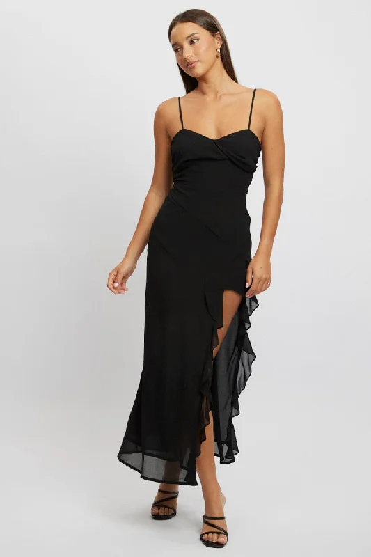 Contemporary Fashion Sale Black Bodycon Dress Maxi Ruffle Slit Chiffon Luxury Style