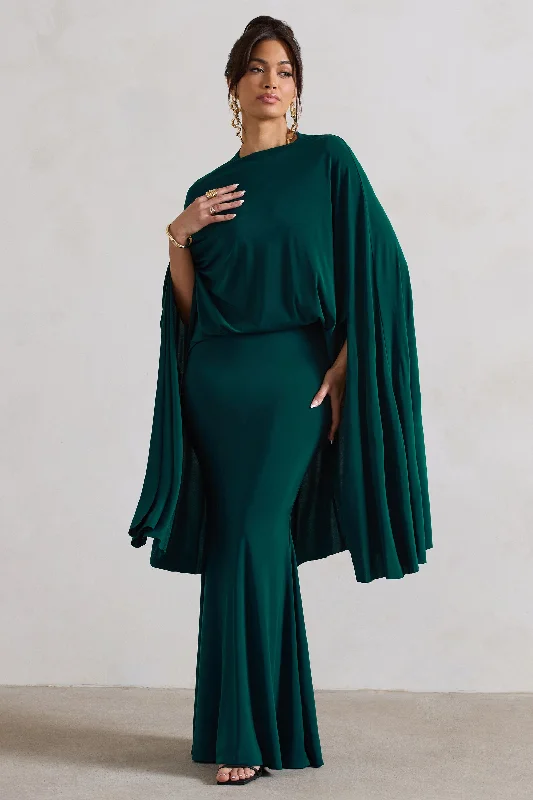 Urban Elegance Deals Charmaine | Bottle Green High-Neck Maxi Dress With Cape Timeless Elegant