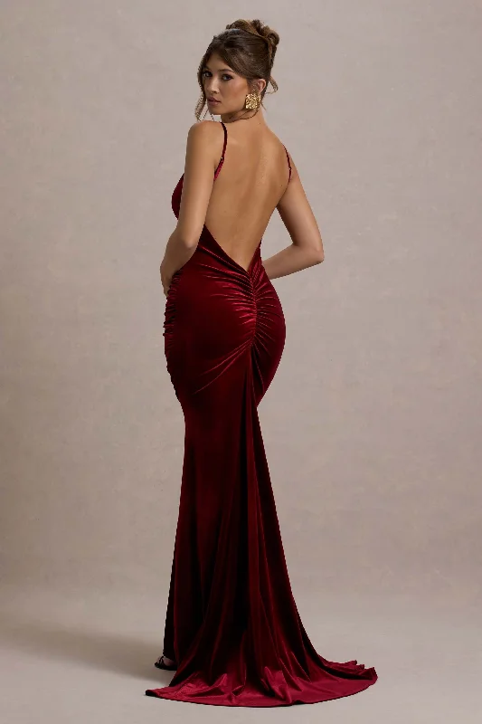 Chic Styles Adele | Berry Velvet Ruched Strappy Fishtail Maxi Dress Cottagecore Rustic Charm Style