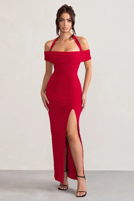 Latest Trends Anisa | Red Layered Halter Neck Bardot Maxi Dress With Thigh Split Today Only