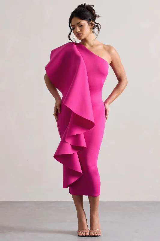 Comfortable Chic Polo | Dark Pink One Shoulder Bodycon Midi Dress With Ruffle Playful Elegance