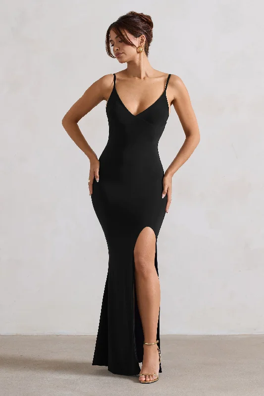 Absurdly Cheap Sale Love Shy | Black Plunge Neck Maxi Dress With Split Detail Graceful Drape