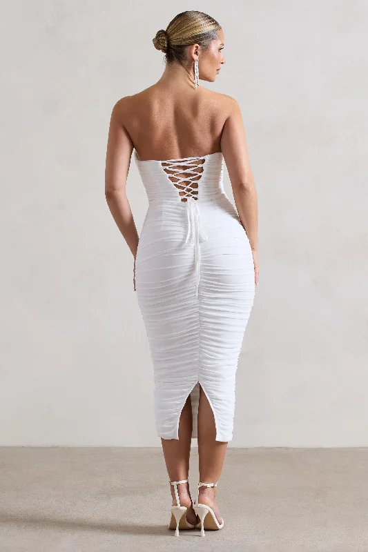 Latest Trends Nylah | White Ruched Corset Bodycon Midi Dress Fashion-Forward Style