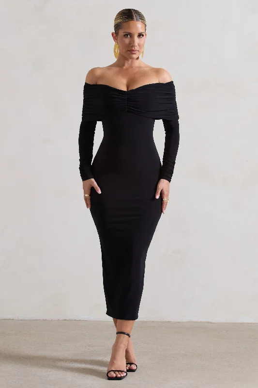 Break Fashion Norms Marcella | Black Bodycon Bardot Midi Dress Feminine Allure