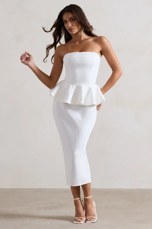 Style Upgrade Chicago | White Bodycon Bandeau Midi Dress With Peplum Detail Charming Silhouette