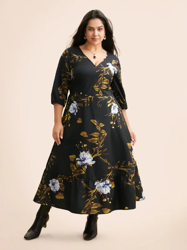 Insane Discount Onslaught Floral Print V Neck Lantern Sleeve Dress Minimalist Office - Ready Style