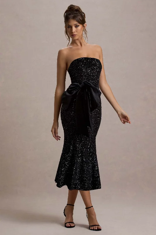 Find Your Unique Flair Adee | Black Sequin Velvet Halter-Neck Midi Dress With Bow Fashion-Forward Style