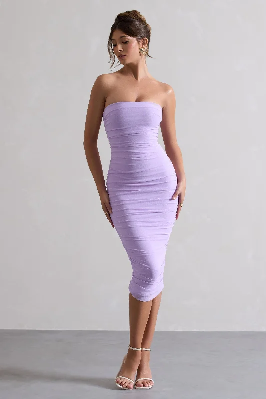 Limited Styles My Girl | Lilac Strapless Bodycon Ruched Mesh Midi Dress Refined Simplicity