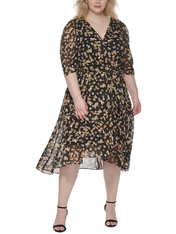 Fall Sale, Prices Drop Plus Womens Chiffon Floral Midi Dress Art Deco Geometric Pattern Look