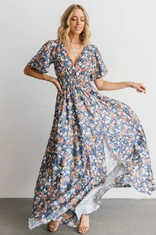 Discover Promotions Verona Smocked Maxi Dress | Blue Floral Feminine Charm