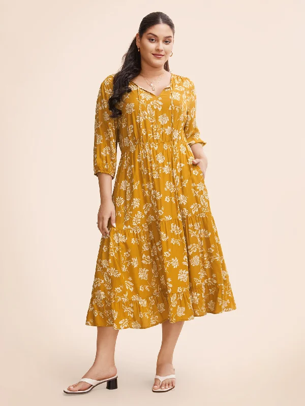 On-Trend Fashion Offers Floral Lantern Sleeve Ruffle Layered Hem Dress Seasonal Trend