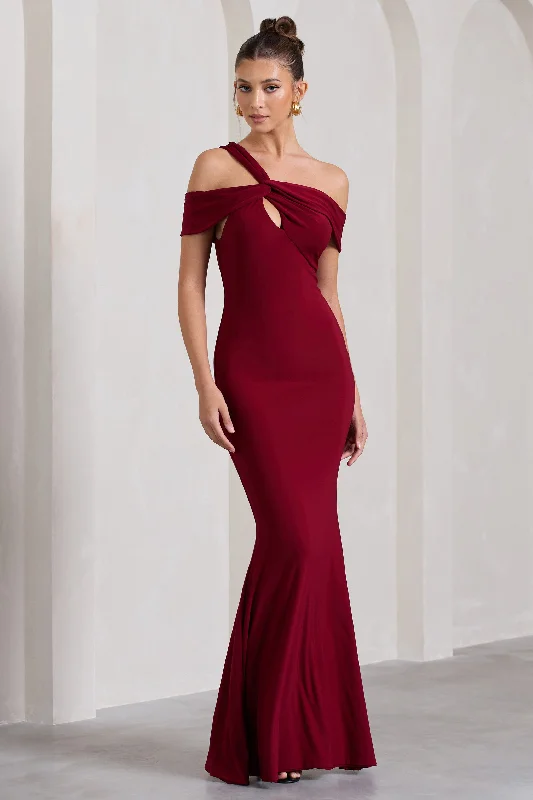 Elegant Fashion Offers Captivating | Berry Red Strappy Asymmetric Cut-Out Maxi Dress Elegant Ensemble