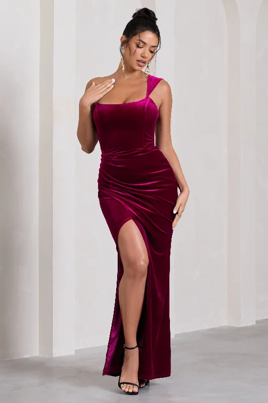 Fashion-Forward Offers Jessica | Berry Velvet One Shoulder Corset Style Wrap Maxi Dress Grab Romantic Date - Night Styles Now