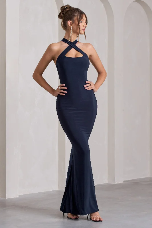 Bold Style Discounts Cross My Heart | Navy Sleeveless Cross-Neck Maxi Dress Urban Sophistication