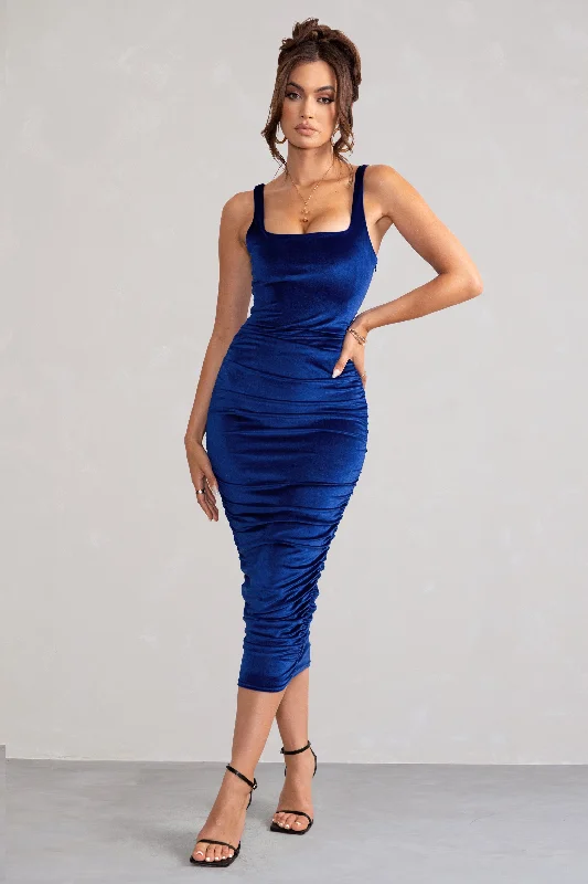 Unleash Your Fashion Beauty | Royal Blue Velvet Square Neck Bodycon Midi Dress Casual Weekend Relaxed Style