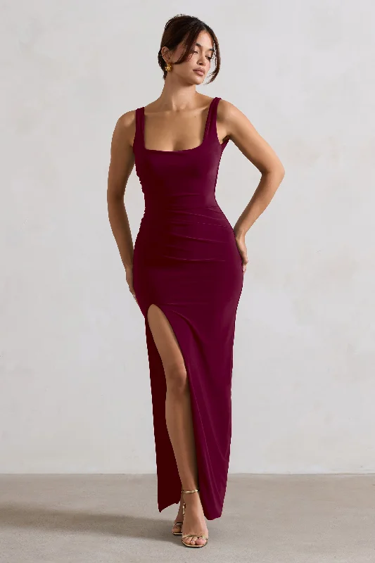 Chic And Trendy Kate | Berry Square Neck Maxi Dress with Plunge Back and Side Thigh Split Classic Charm