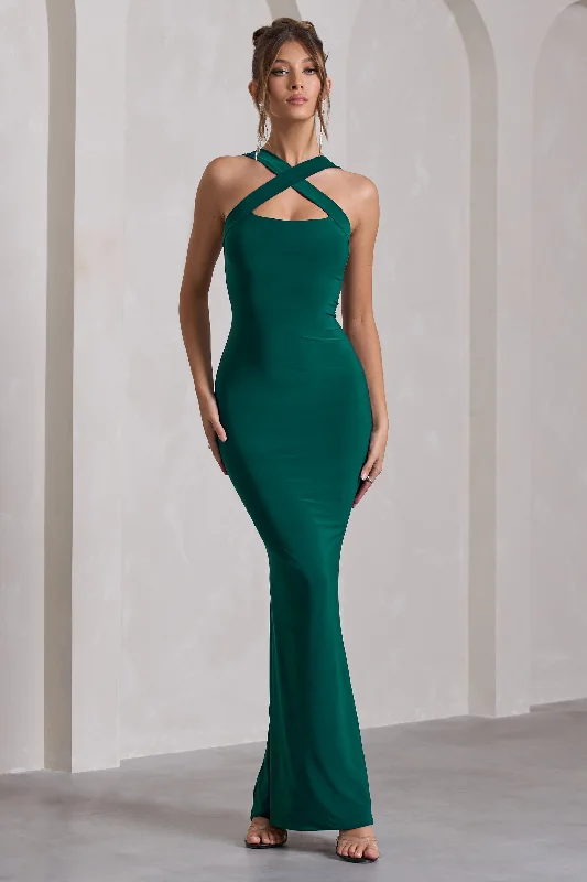 Glamorous Fashion Offers Cross My Heart | Bottle Green Sleeveless Cross-Neck Maxi Dress Dreamy Aesthetic