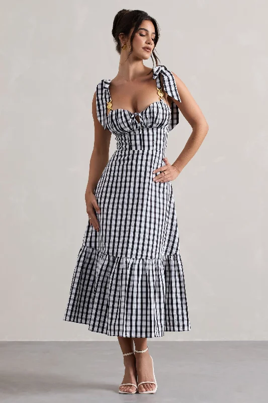 Romantic Fashion Discounts Brighton | Black & White Gingham Sweetheart Midi Dress Disco - Inspired Retro Dance Look