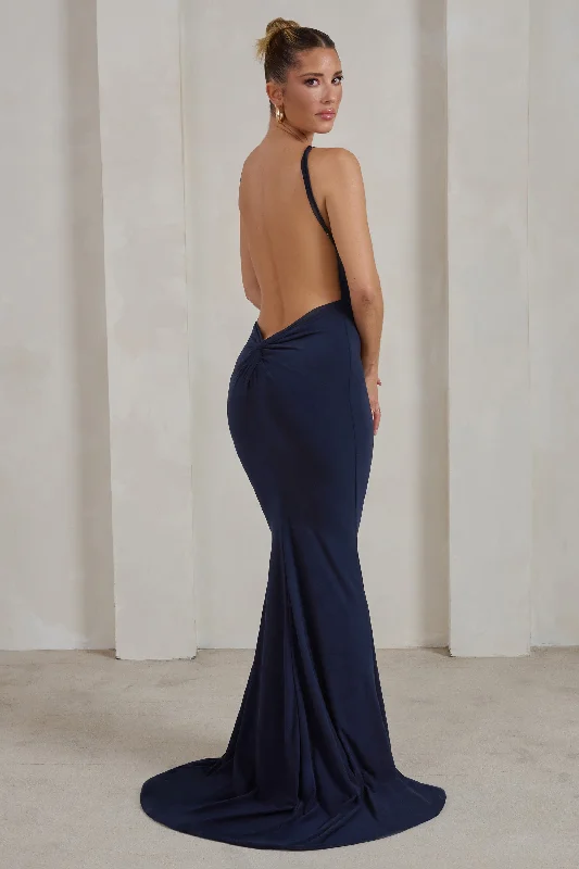 Spring Fashion Endless Love | Navy Backless Knot Detail Fishtail Maxi Dress Floral Style