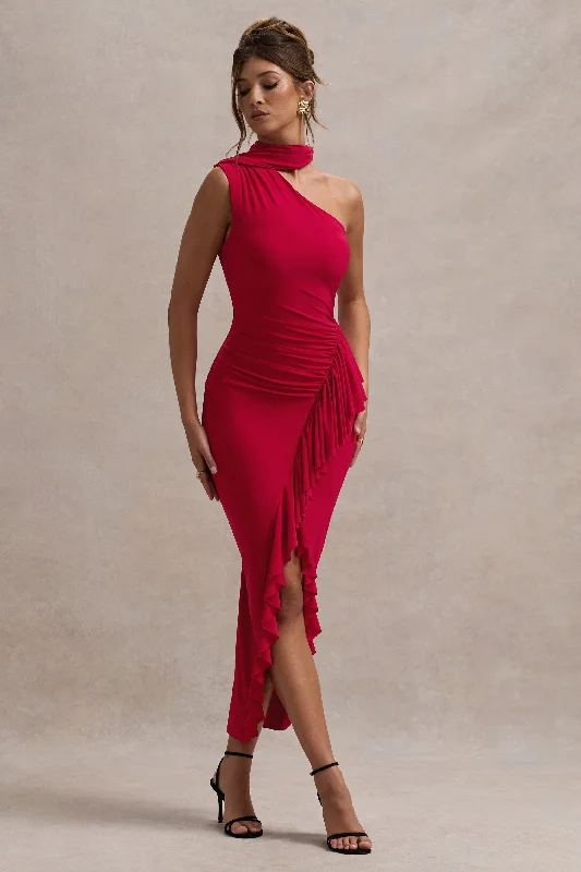 Best Deals Of The Season Nevaeh | Red Asymmetric High-Neck Ruffle Split Maxi Dress Chic Sophistication