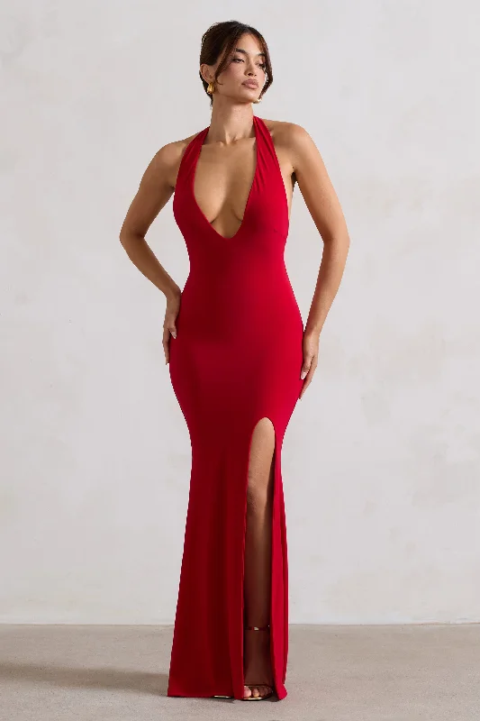 Huge Discounts This Week Glamour | Red Backless V Plunge Halter Neck Maxi Dress With Side Split Subtle Sophistication