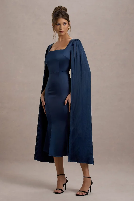 Street Style Discounts Nalda | Navy Square-Neck Midi Dress With Cape Sleeves Parisian Effortless Chic Style