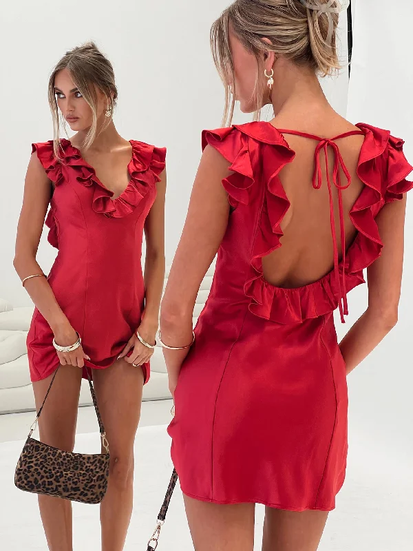 Easy Elegance Sales Butacup Frill Mini Dress Red Luxury Style