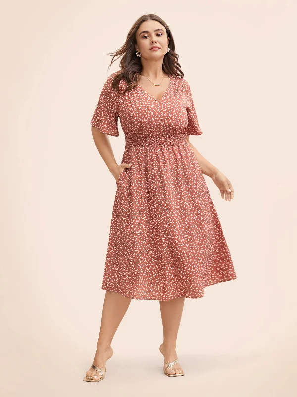 Everyday Elegance Sale Ditsy Floral Shirred Ruffle Sleeve Midi Dress Charming Silhouette