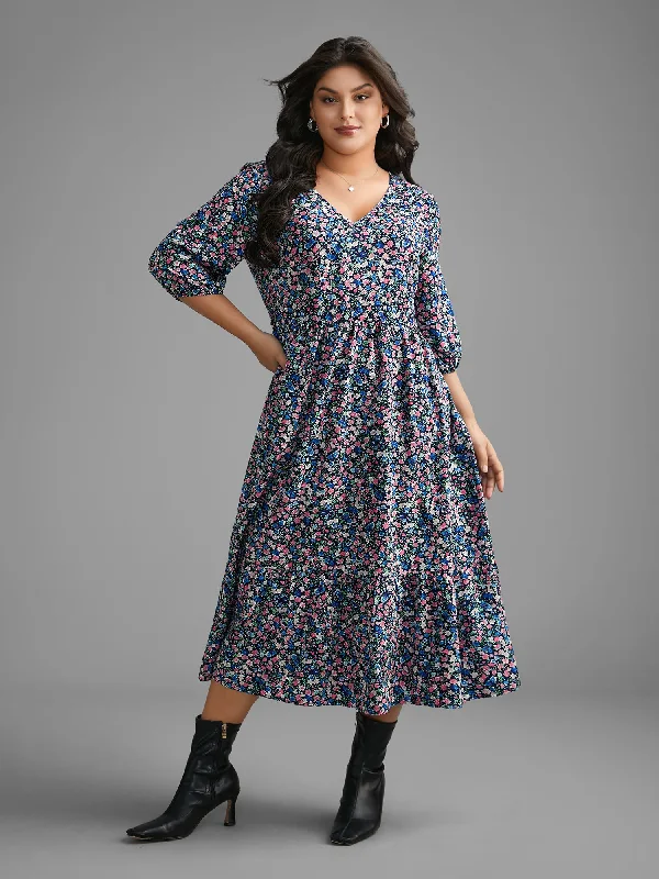 Bid Farewell To The Old Season Ditsy Floral Lantern Sleeve Ruffle Hem Dress Big Savings on Minimalist Office Styles