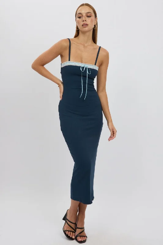 Timeless Style Promotions Blue Bodycon Dress Maxi Ribbon Trim Grab Romantic Date - Night Styles Now