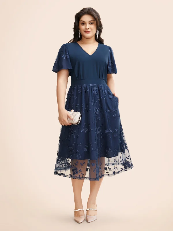 Sporty Fashion Offers Floral Embroidered Mesh Patchwork Midi Dress Everyday Glamour