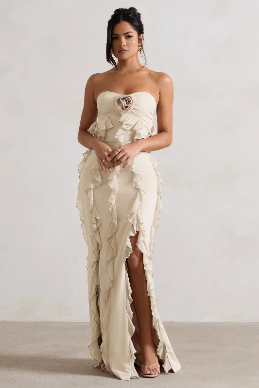 Vintage-Modern Style Offers Gardenia | Champagne Strapless Ruffle Maxi Dress With Corsage Elegant Ensemble