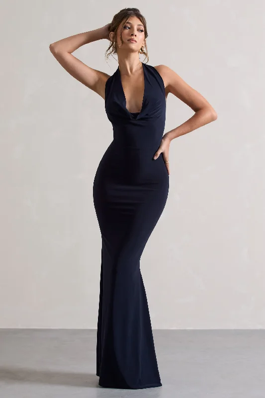 Cozy Chic Promotions Milani | Navy Backless Cowl Neck Fishtail Maxi Dress Contemporary Elegance