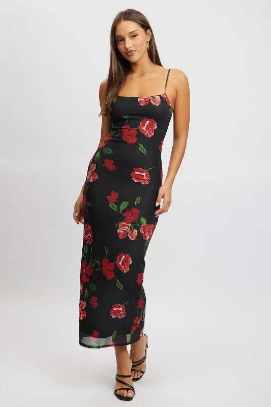 Classic Elegance Sales Black Floral Bodycon Dress Maxi Mesh Effortless Comfort