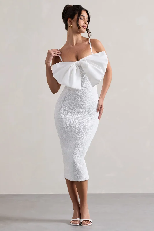 Trend Forward Threads Love Poem | White Bodycon Midi Dress With Oversized Bow Vintage Look