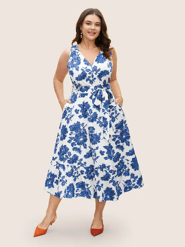 Season Offer Overlap Collar Floral Sleeveless Belted Dress Disco - Inspired Retro Dance Look