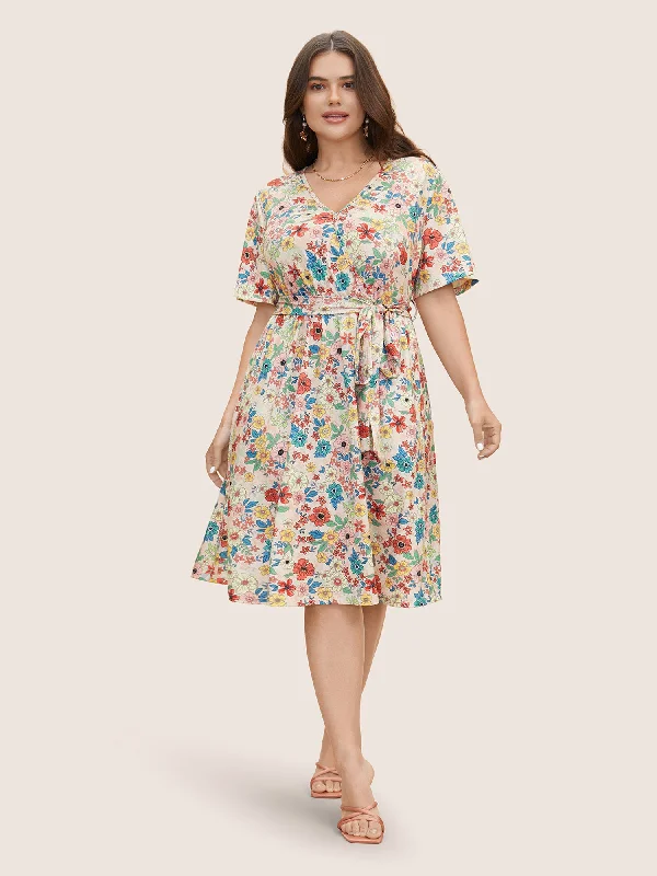 Summer Deals Floral Overlap Collar Belted Pocket Dress Casual Weekend Relaxed Style