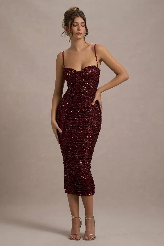 Chic & Modern Sales New Energy | Plum Sequin Strappy Ruched Bodycon Midi Dress Luxury Comfort