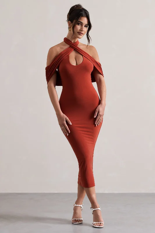 Style Revolution Connect | Terracotta Bodycon Halter-Neck Midi Dress With Cut-Out Effortless Grace