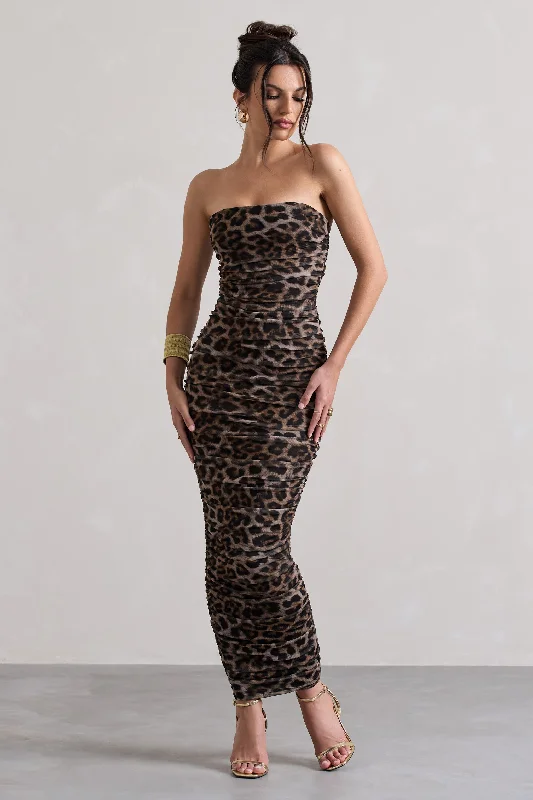 Chic Trends Unveiled My Lady | Leopard Print Strapless Bodycon Ruched Mesh Midi Dress Sleek Design