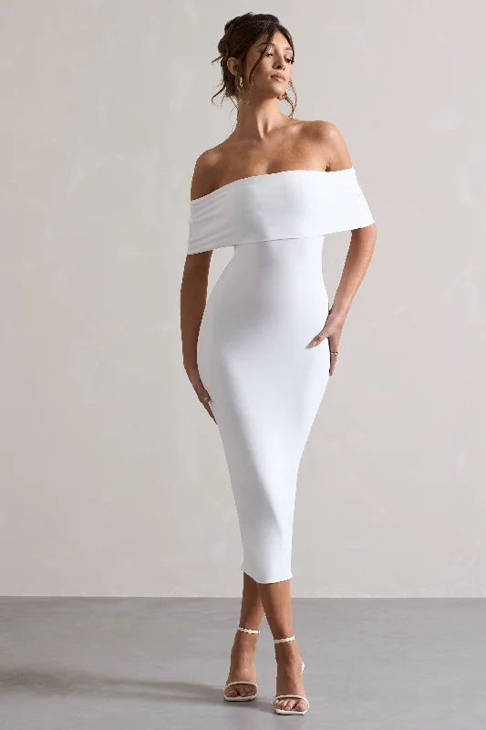 Chic Style, Always In Vogue Averie | White Bodycon Bardot Midi Dress Parisian Effortless Chic Style