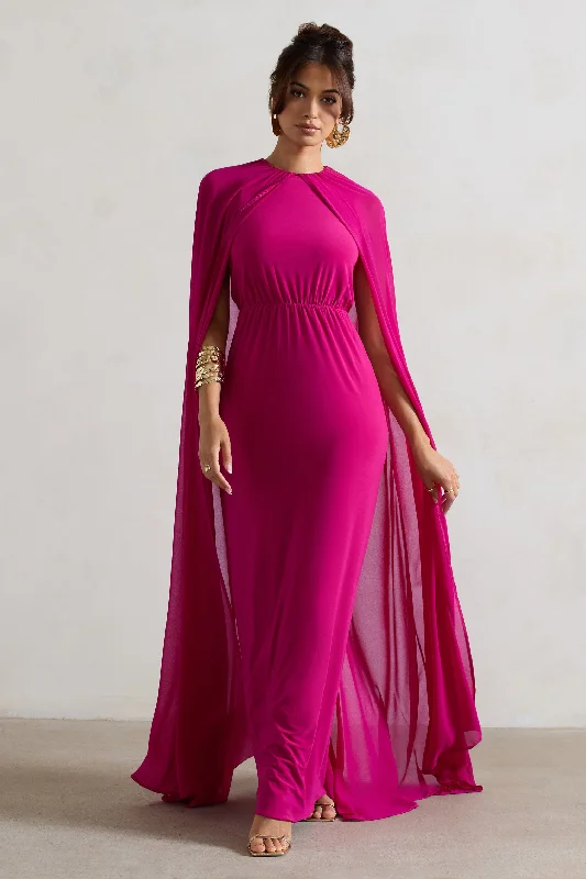 Luxury Fashion Discounts Envy | Dark Pink High-Neck Maxi Dress With Chiffon Cape Contemporary Elegance