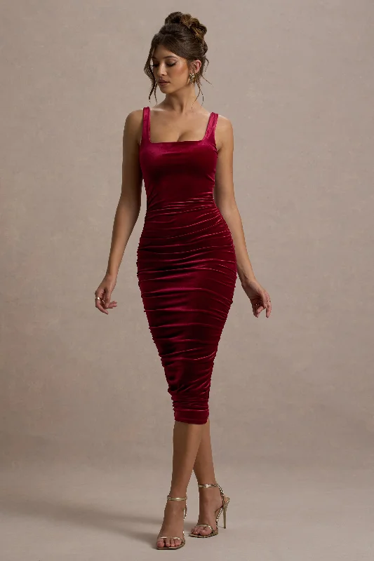 Catch Every Fashion Trend Cora | Berry Velvet Square-Neck Bodycon Midi Dress Chic Sophistication