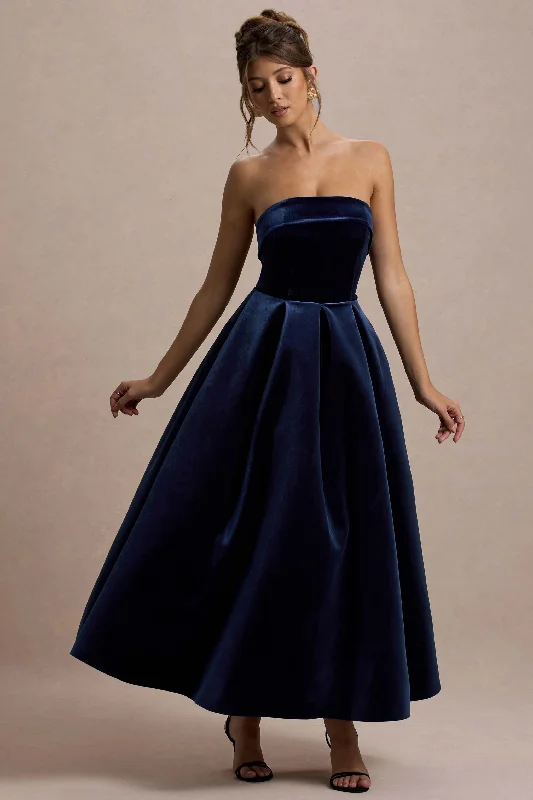 Style Revolution Addina | Navy Velvet Bandeau Skater Midi Dress Final Clearance