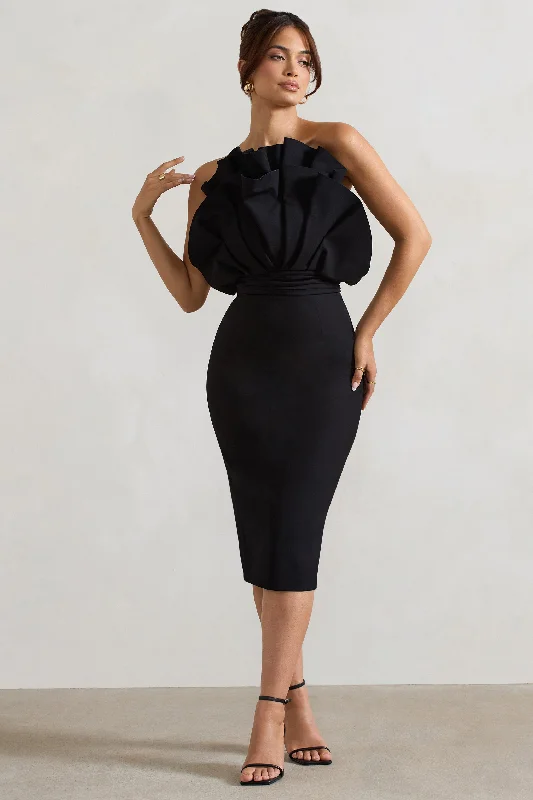 Playful Fashion Offers Oria | Black Ruffled Strapless Midi Dress Classic Appeal