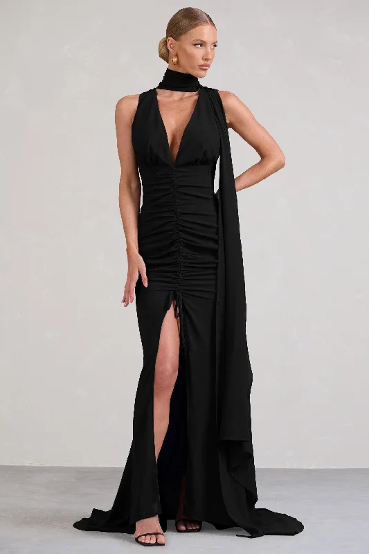 Retro Style Promotions Whimsical | Black Chiffon Plunge Fishtail Maxi Dress With Scarf Design Hollywood Glam Award - Show Style