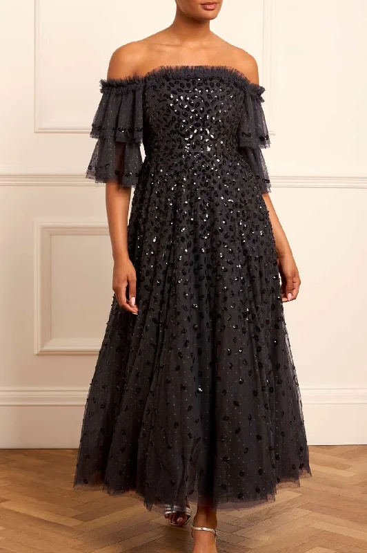 Chic Trends Unveiled Autumn Leaves Off-Shoulder Ankle Gown Disco - Inspired Retro Dance Look