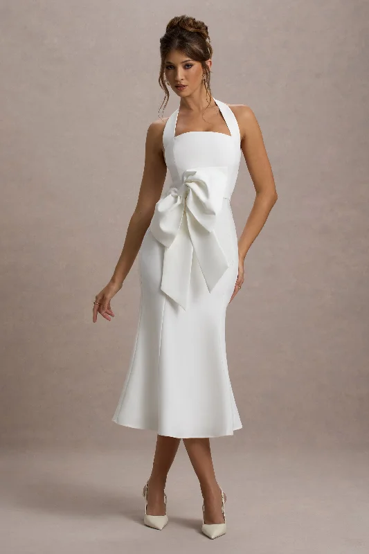 Affordable Luxury Fashion Aman | White Halter-Neck Midi Dress With Oversized Bow Classic Timeless Elegant Style