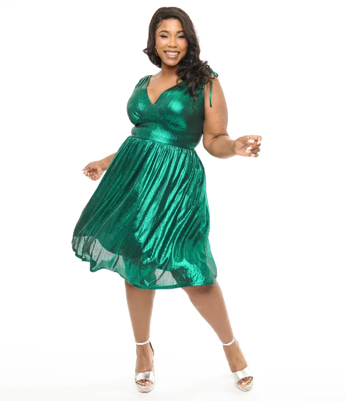 Hot Brand Discounts Hell Bunny Plus Size 1970s Green Metallic Gigi Midi Dress Feminine Elegance